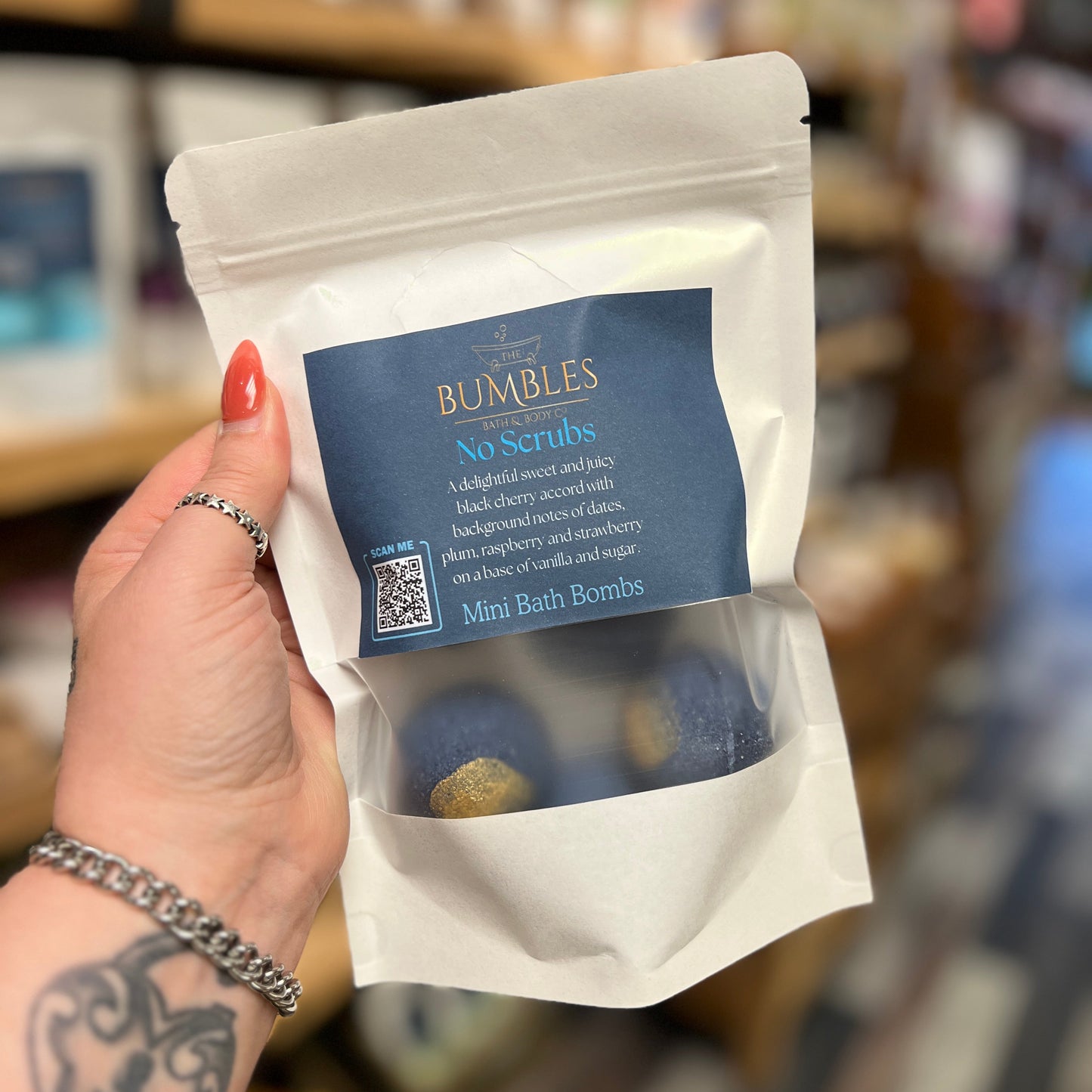 Navy blue mini bath bombs in bag 