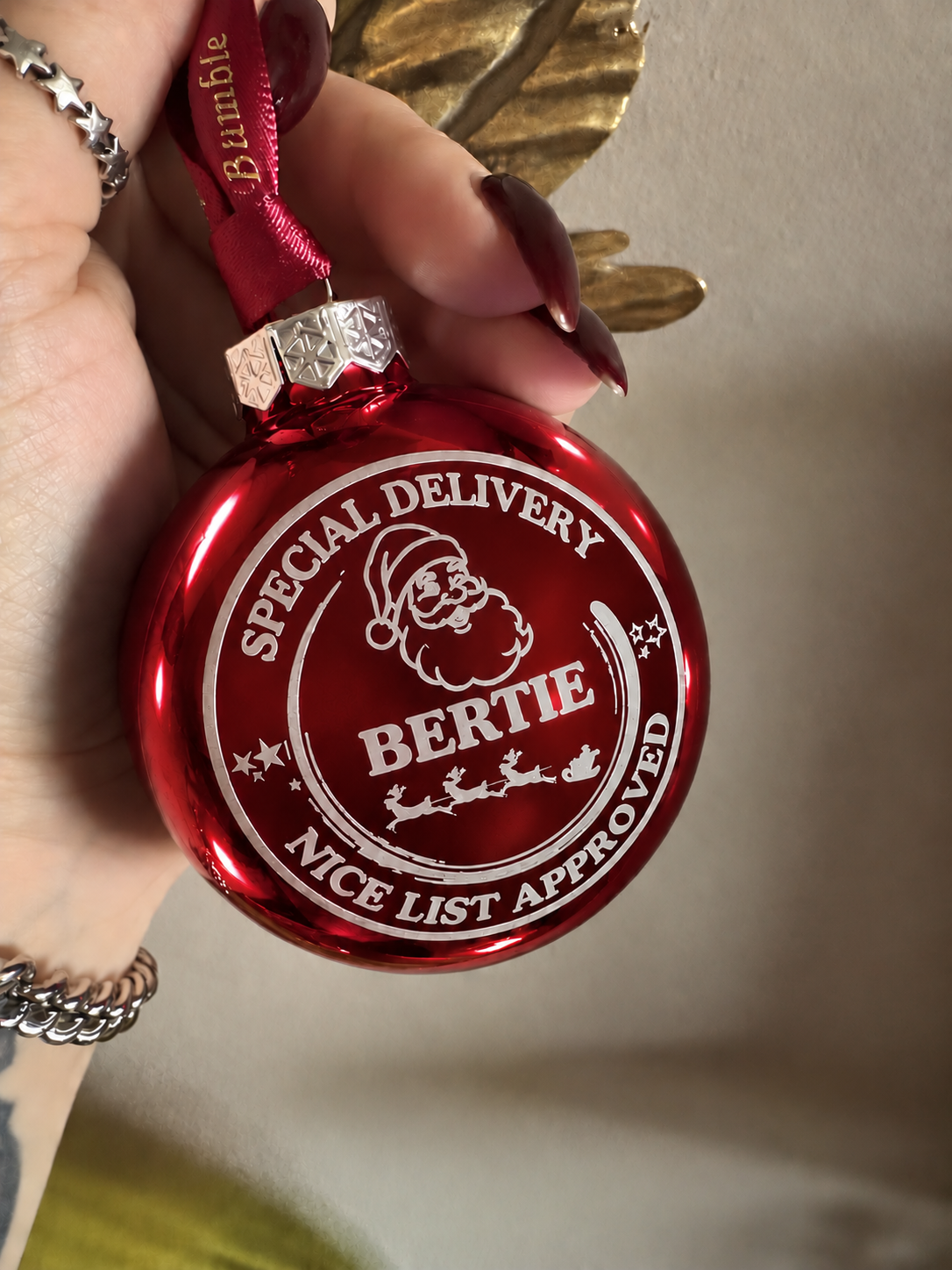 A hand holds a round red Christmas ornament with a silver cap and red hanging ribbon. The ornament is printed with white text reading 'SPECIAL DELIVERY BERTIE NICE LIST APPROVED' and a Santa face illustration.